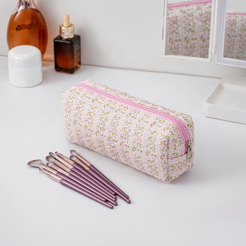 WHHJM Cute Floral Makeup Brush Bag Small Cotton Quilted Cosmetic Bag for Women Travel Toiletry Zipper Make Up Pouch (Pink Floral) - Image 3